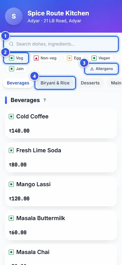 The menu page on a phone, with the search box and the food buttons