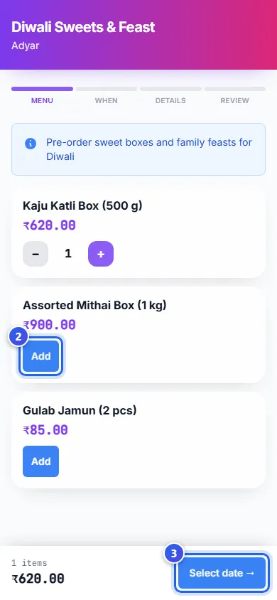 The booking page on a phone, with one sweet box added