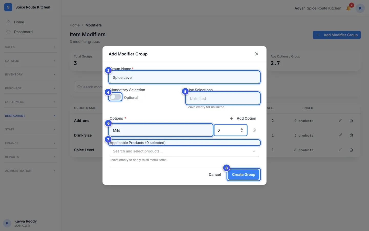 The Add Modifier Group form, with the Spice Level group and its first option