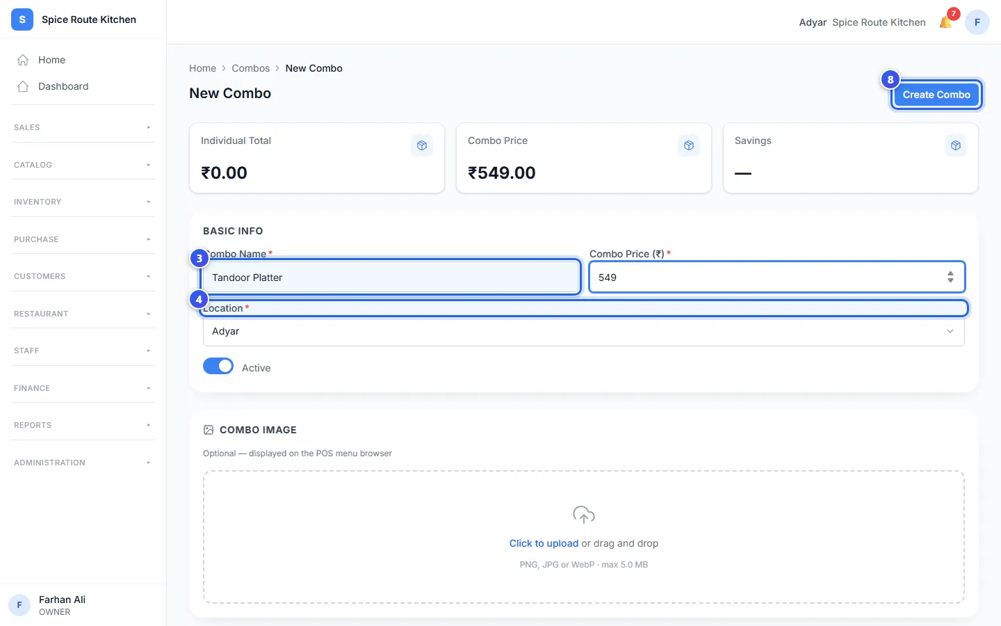 The New Combo page, with the name, the price and the location