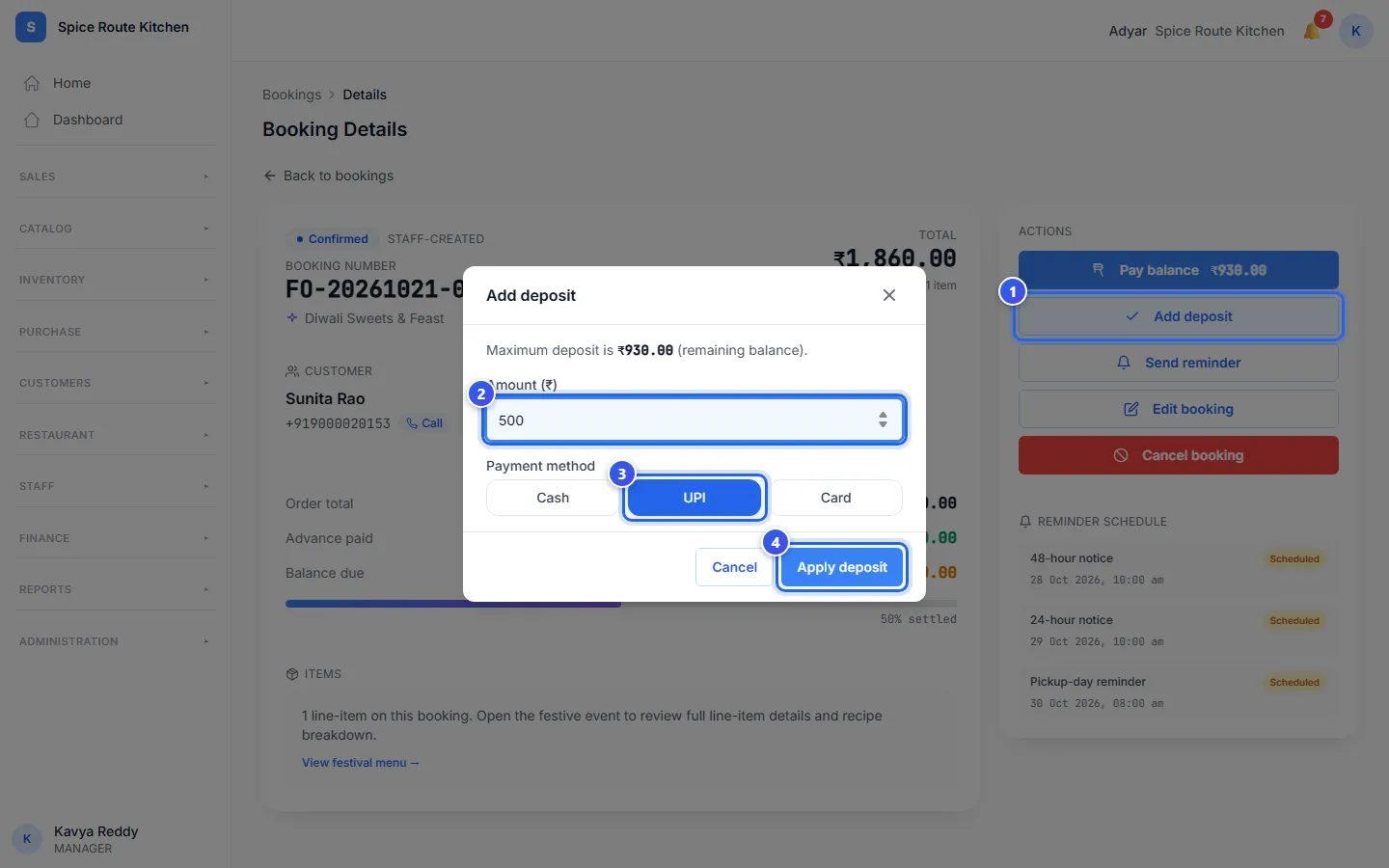 The Add deposit form on a booking, with UPI chosen