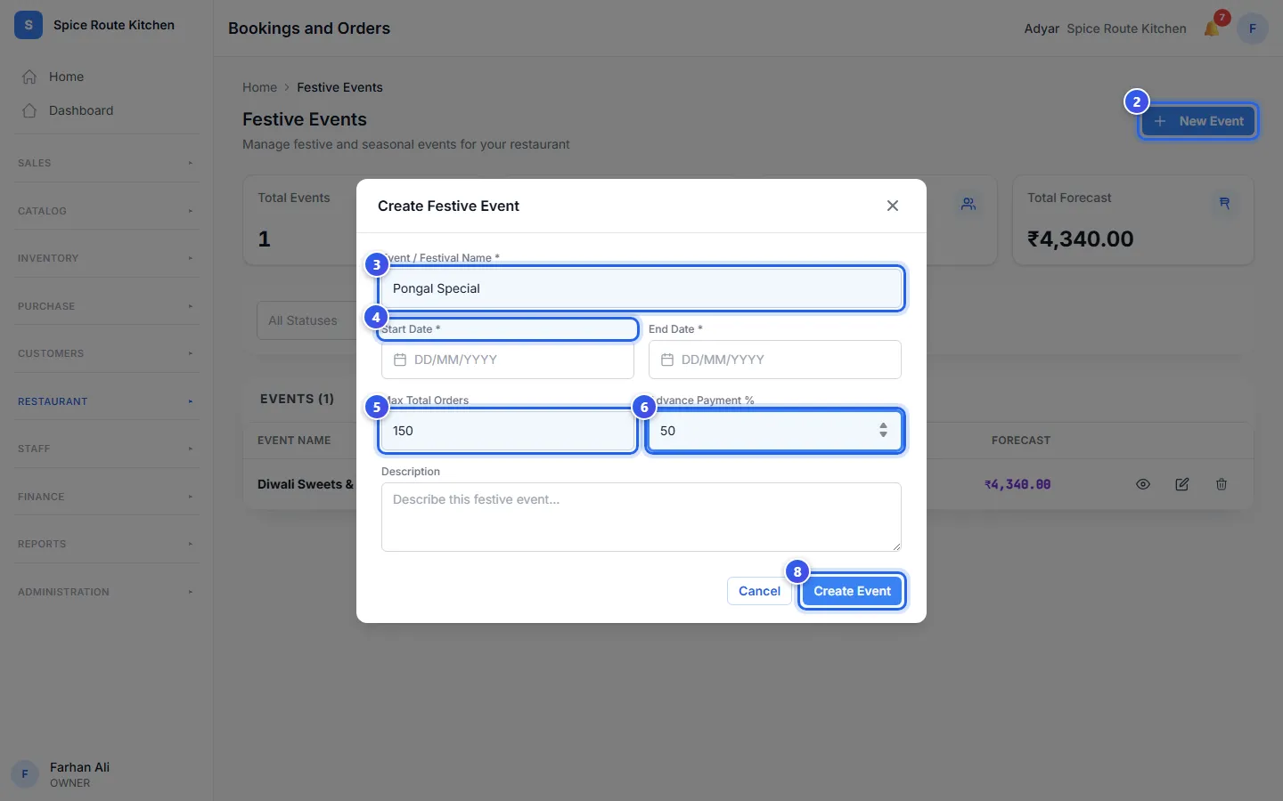 The Create Festive Event form, with the name and the orders limit typed in