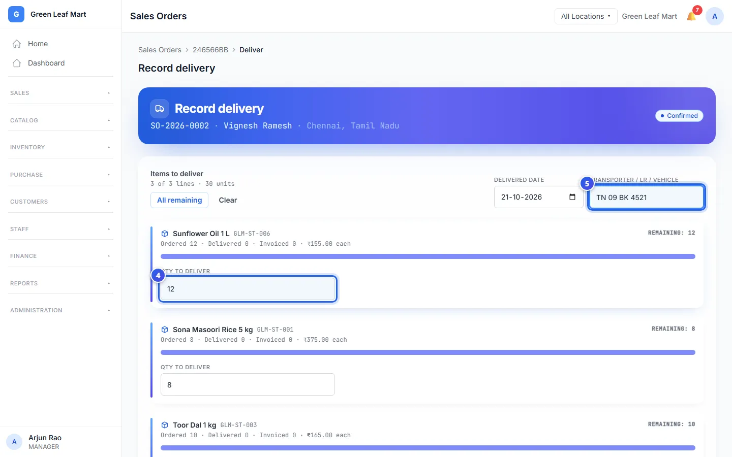 The Record delivery page, with the quantities filled in and a vehicle number typed