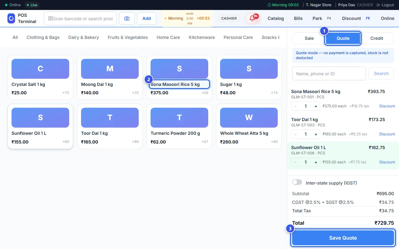 Quote mode at the till, with 3 items and the Save Quote button