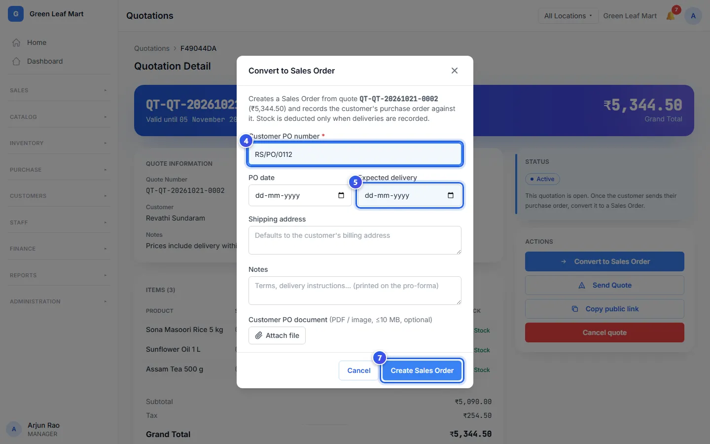 The Convert to Sales Order box, with the customer's PO number typed in
