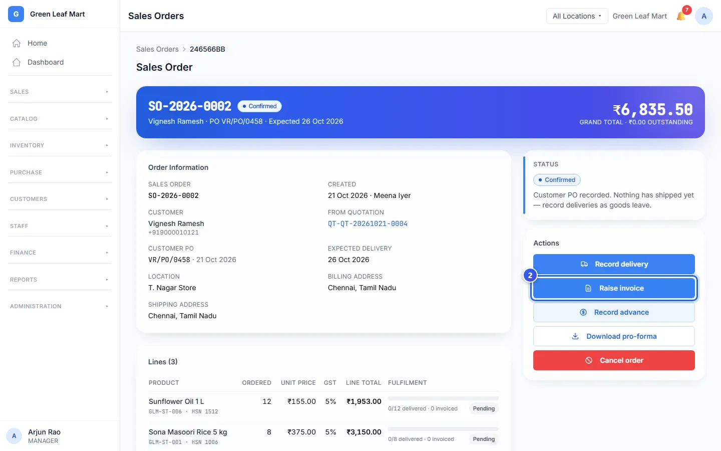 A sales order that says Confirmed, with the Raise invoice button