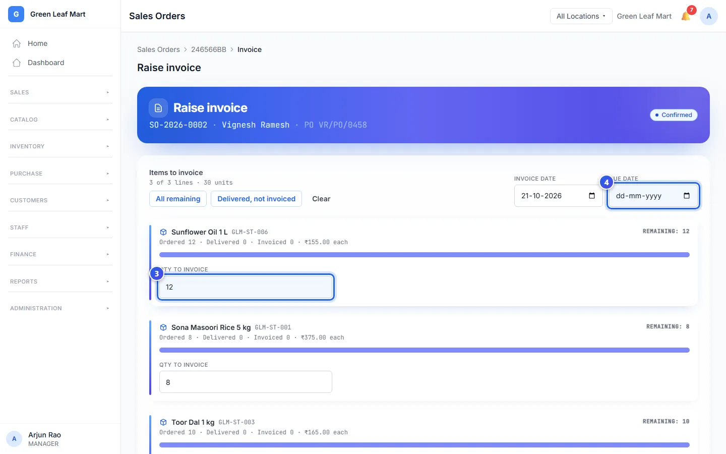 The Raise invoice page, with the Due date box