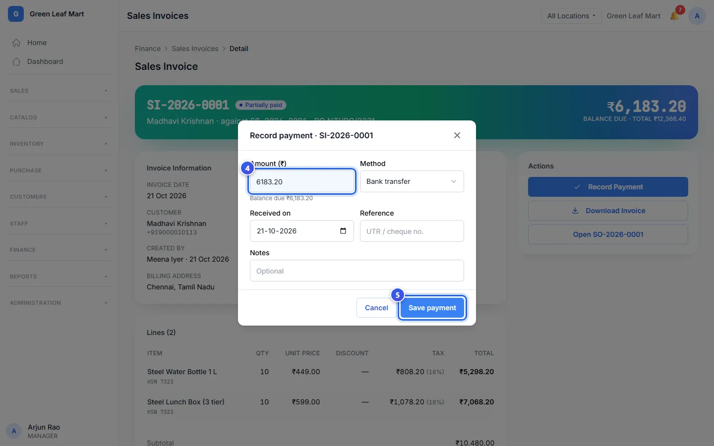 The Record payment box on an invoice that is Partially paid