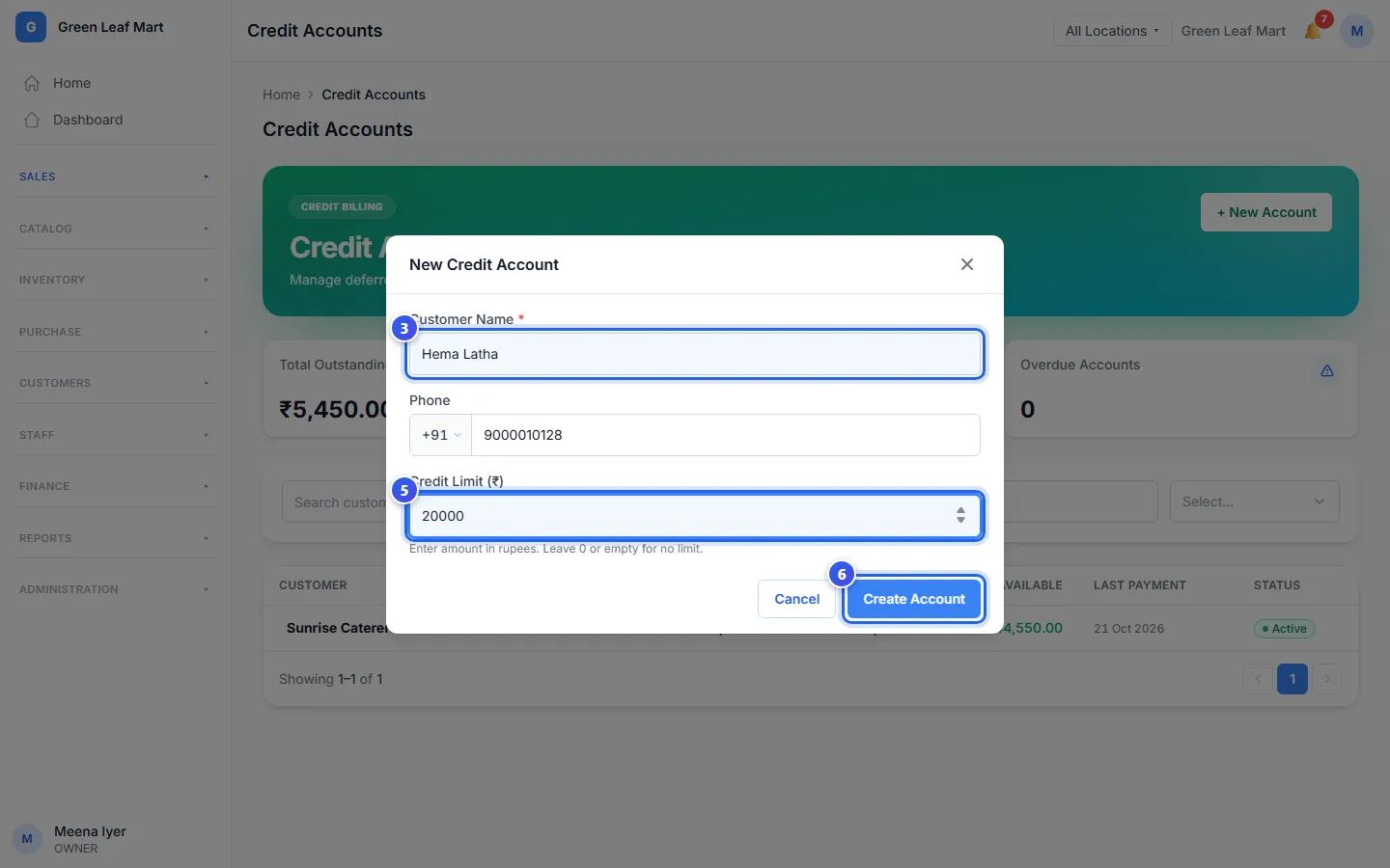 The New Credit Account box, with a limit of ₹20,000 for Hema Latha