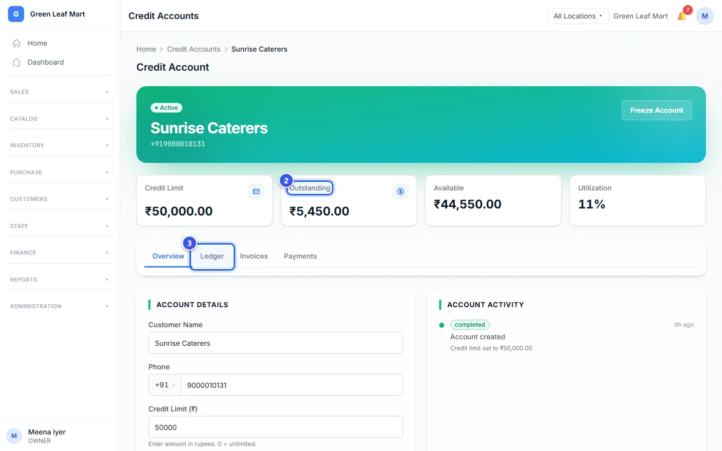 The credit account of Sunrise Caterers, with ₹5,450 to pay