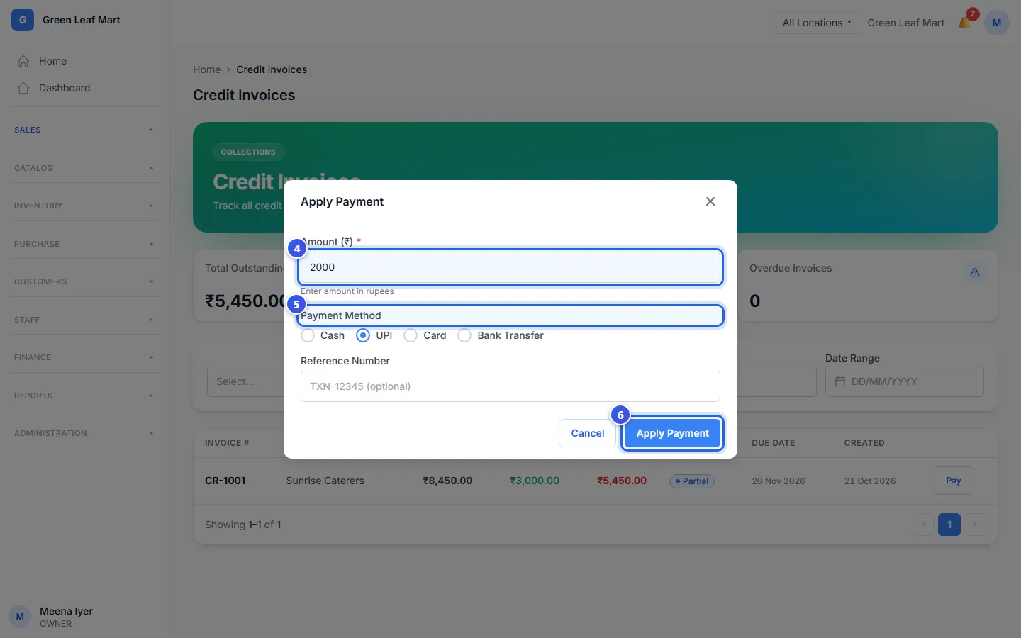 The Apply Payment box, with ₹2,000 by UPI on invoice CR-1001