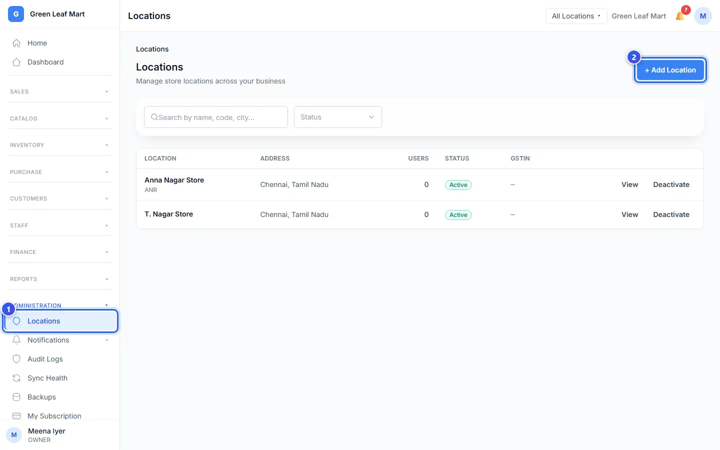 The Locations page with the Add Location button