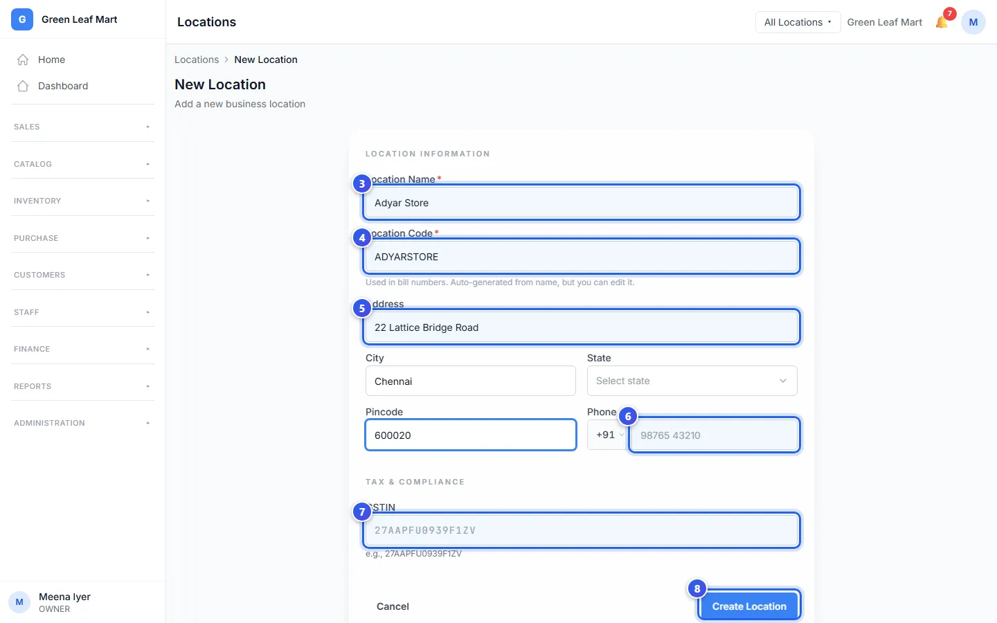 The New Location form, filled in for a shop in Adyar