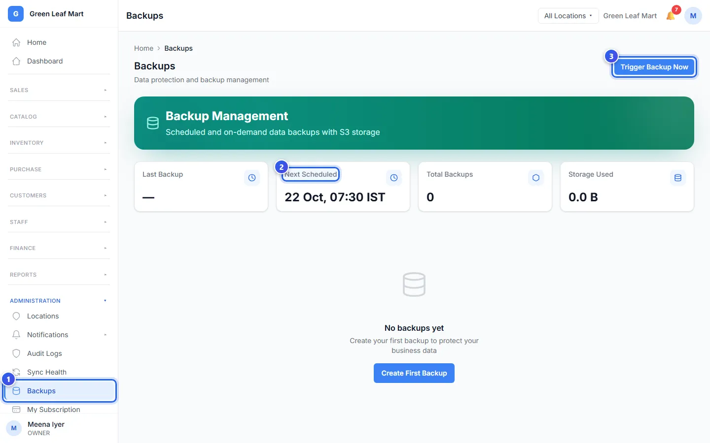 The Backups page with the time of the next backup