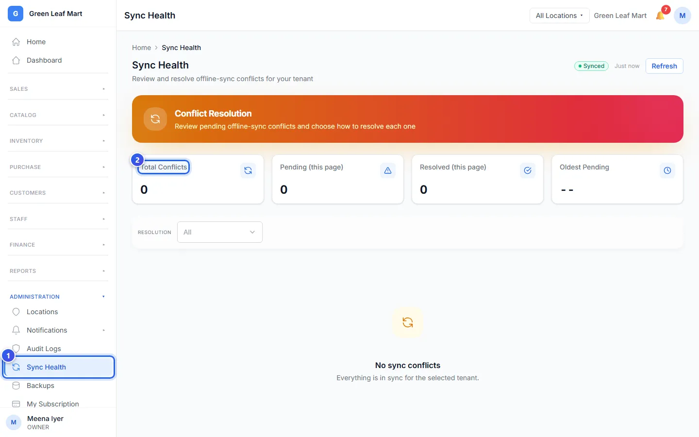 The Sync Health page with no conflicts