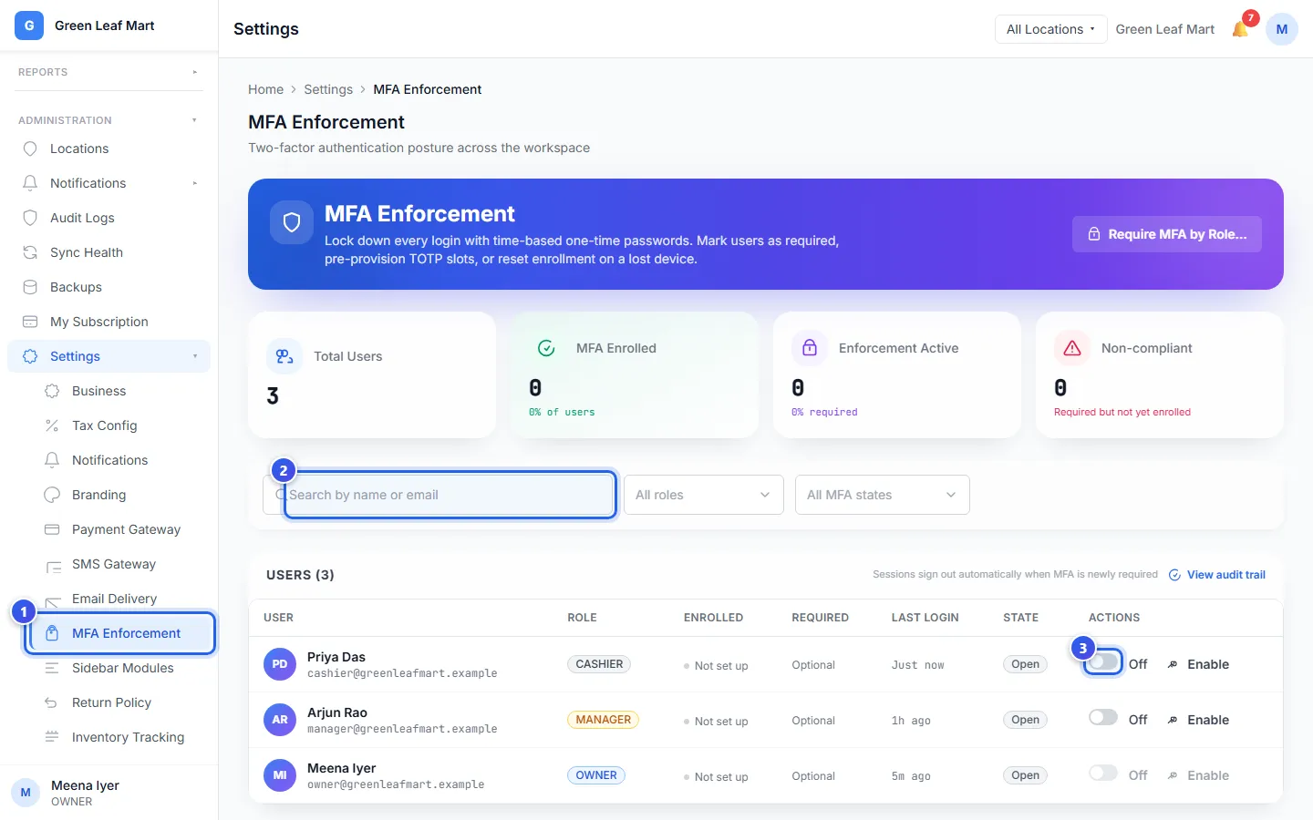 The MFA Enforcement page with a list of staff