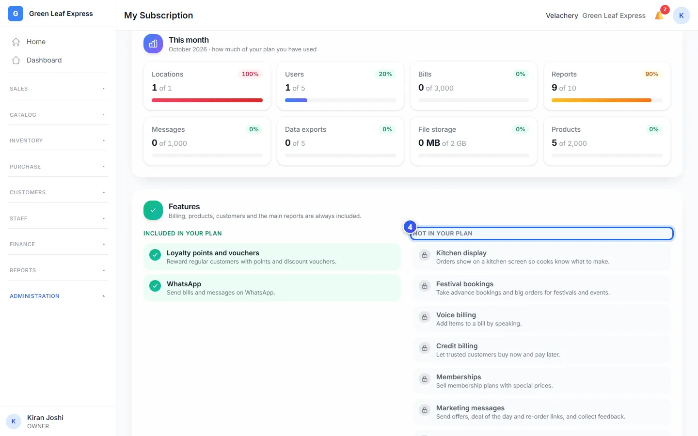 The Features part, with what is in your plan and what is not