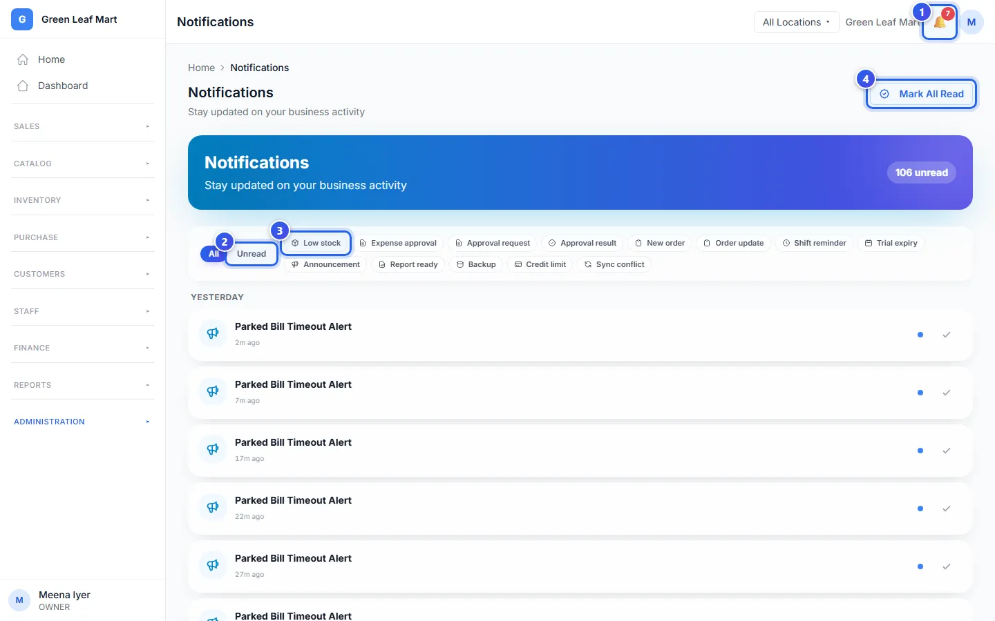 The Notifications page, with the bell at the top