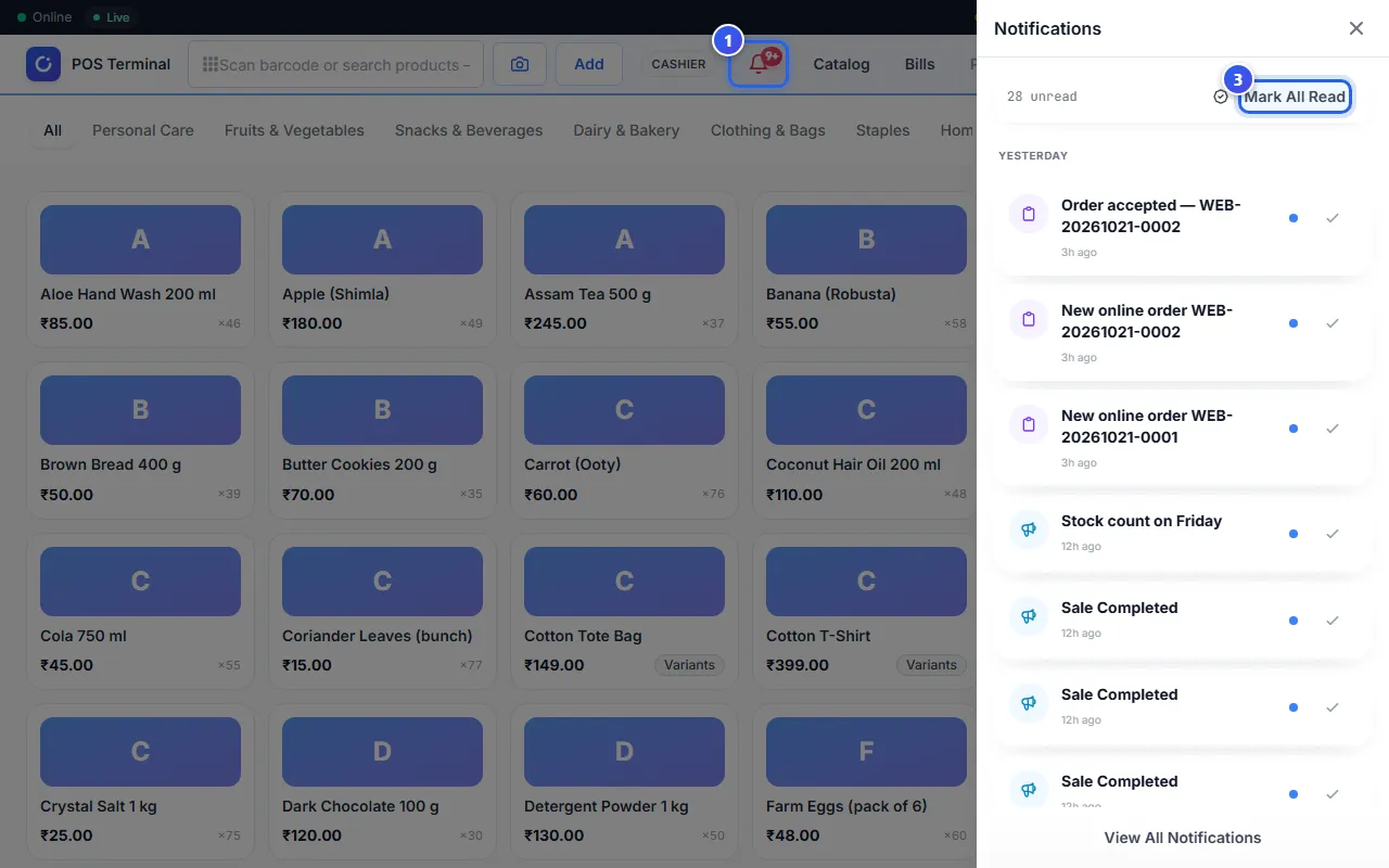 The alerts list open on the right of the POS app
