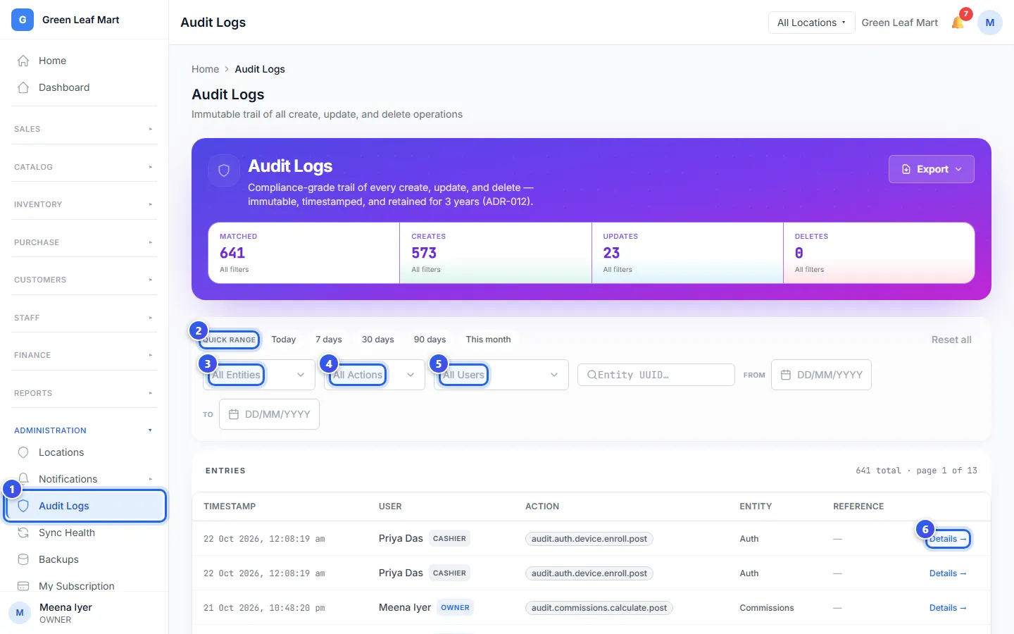 The Audit Logs page with the time, the boxes and the list of changes