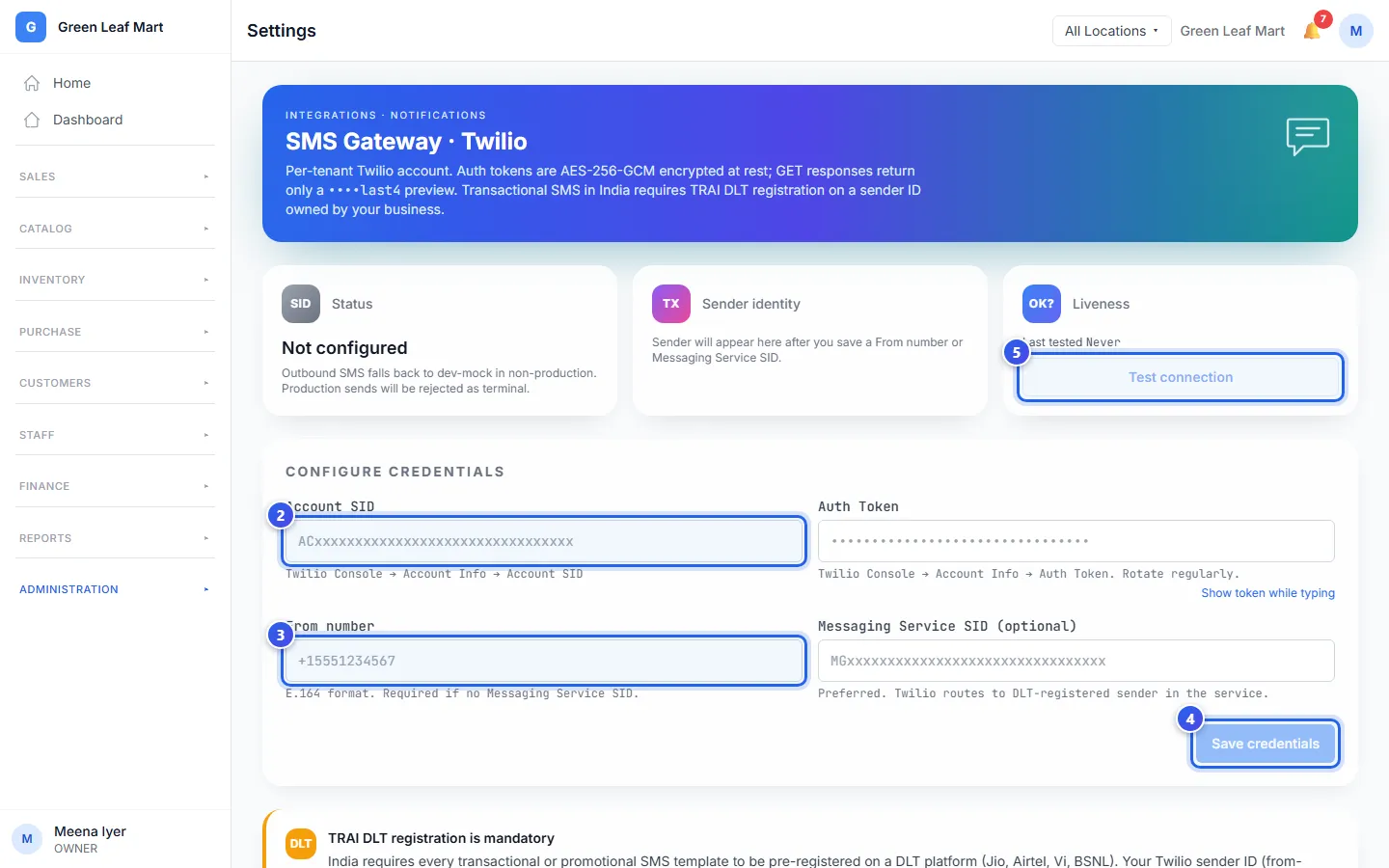 The SMS Gateway page with the Twilio boxes