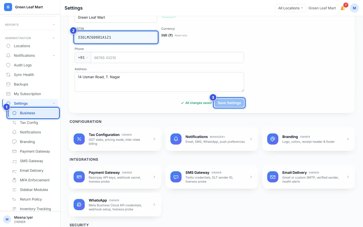 The GSTIN box on the Business Settings page