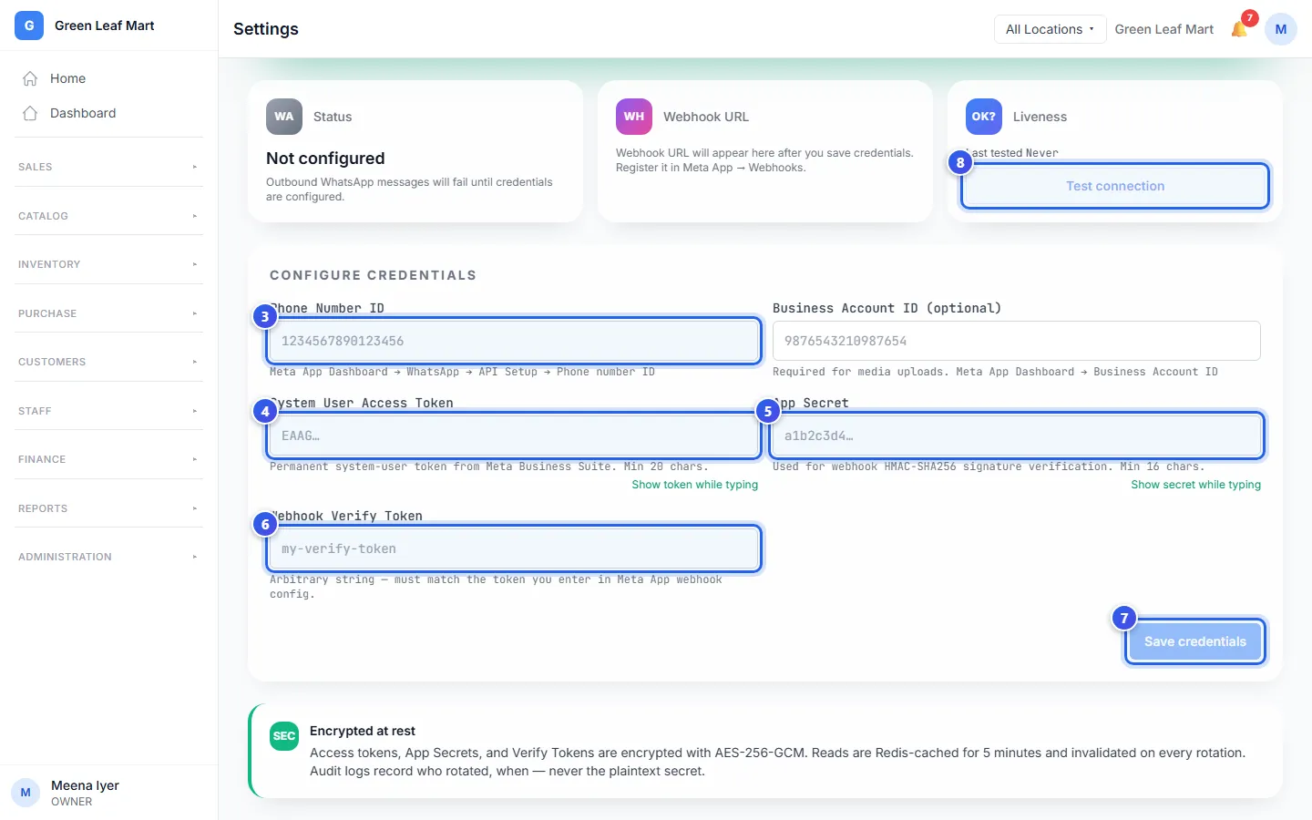 The WhatsApp page with the boxes for your Meta app
