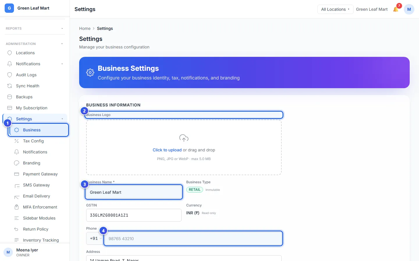 The Business Settings page with the logo, the name, the phone and the address