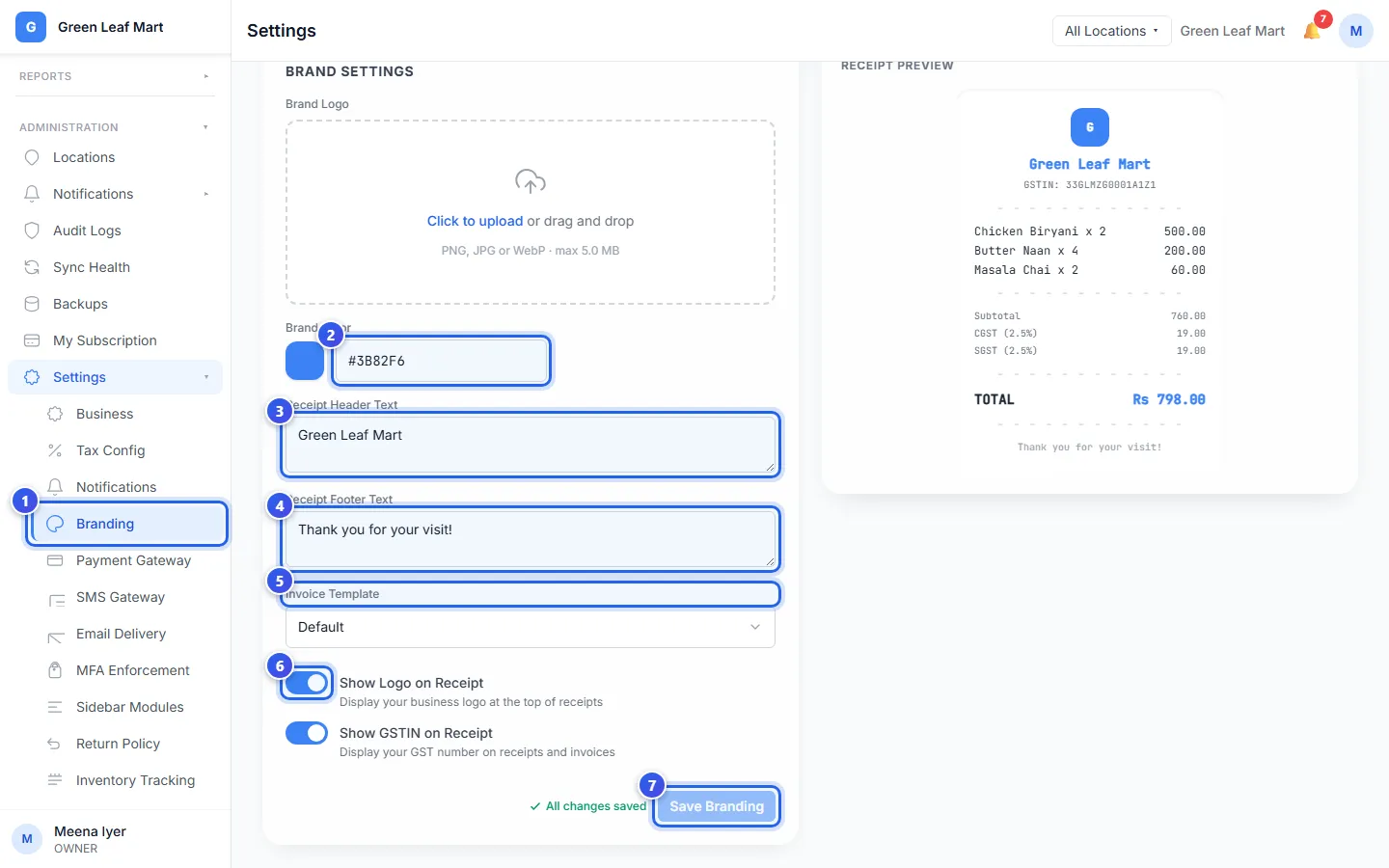 The Branding page, with the receipt preview on the right