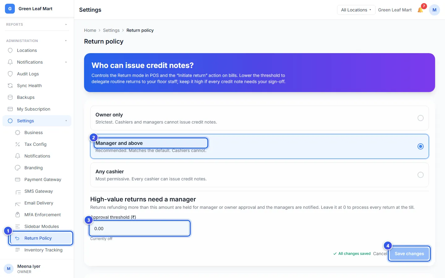 The Return policy page with three choices and the amount box