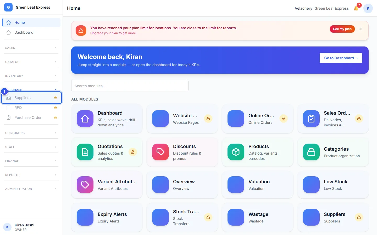 The menu, with a lock next to each page that is not in the plan