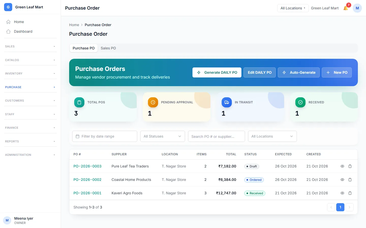 The purchase orders page with orders to 3 suppliers