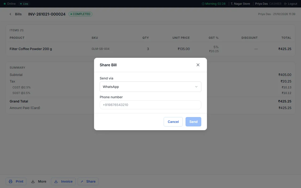 Sharing a bill from the POS app by WhatsApp or email