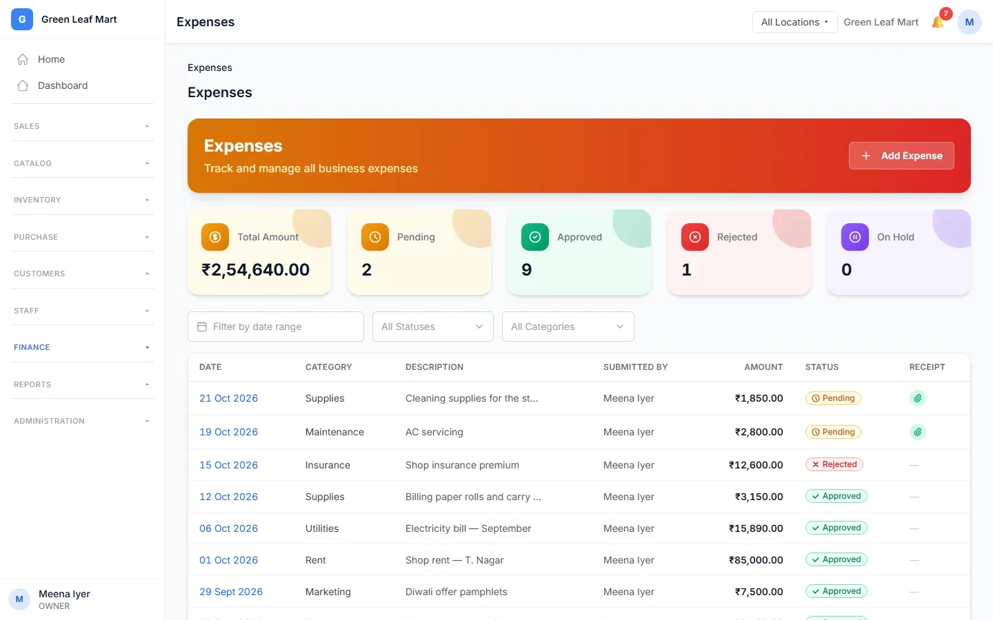 The expenses page with some expenses waiting for the Owner