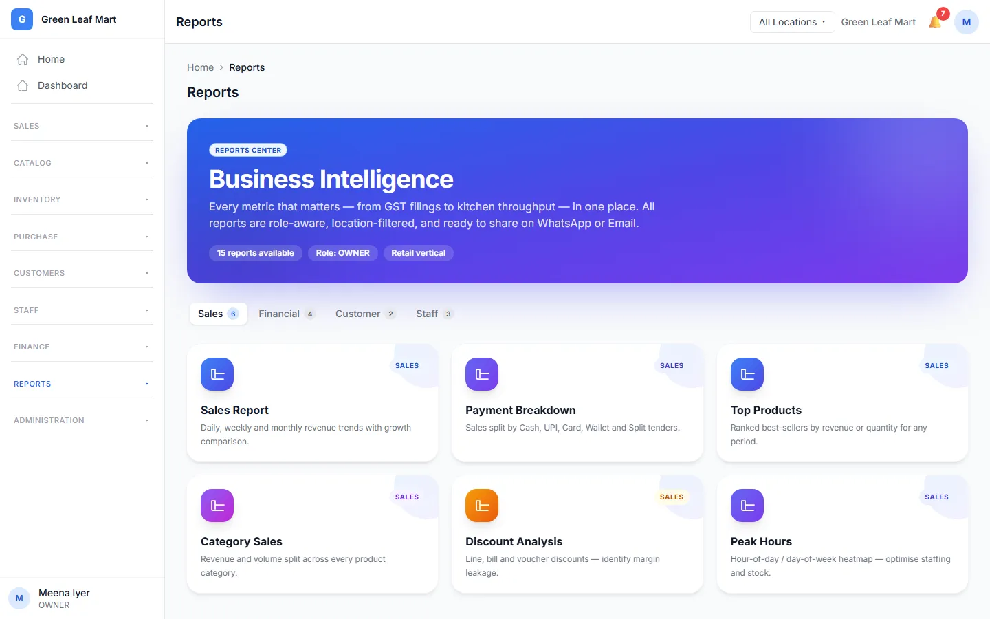 The reports page with a card for each report