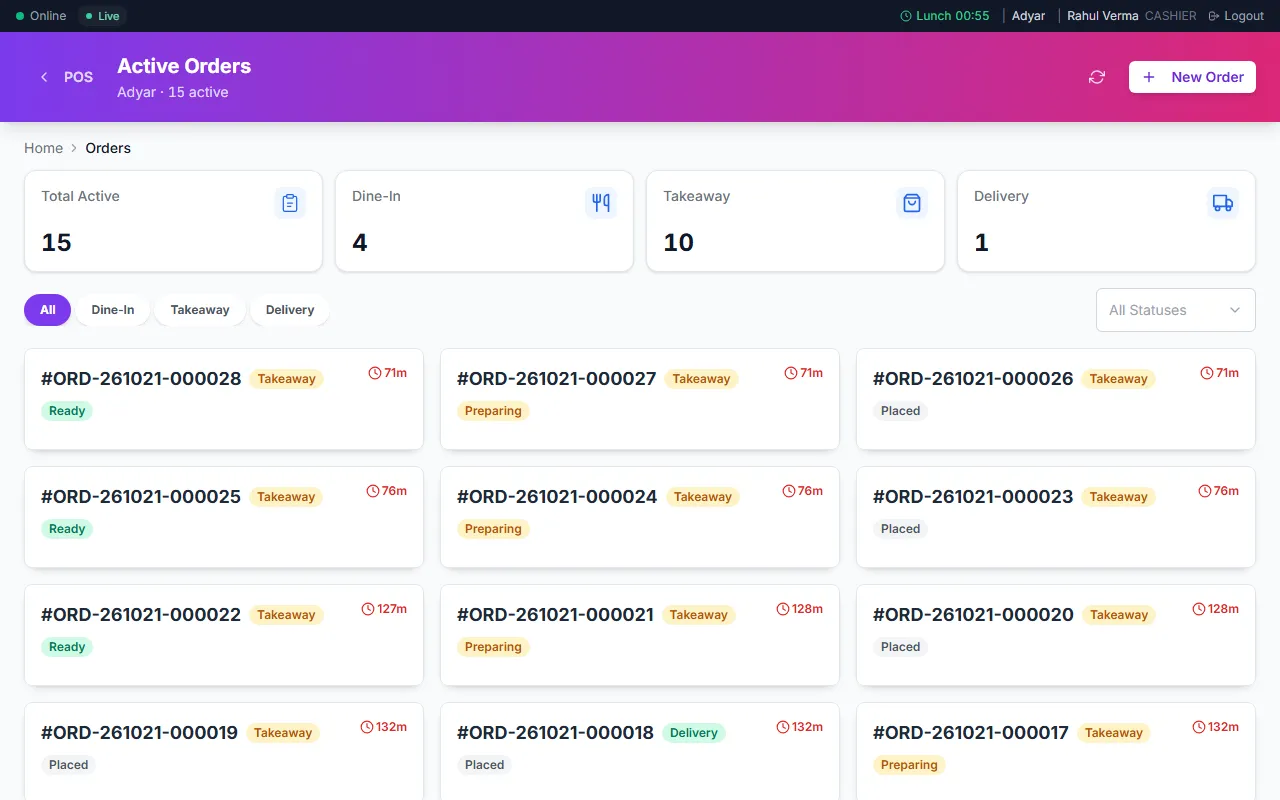 The POS app with the open orders of a restaurant