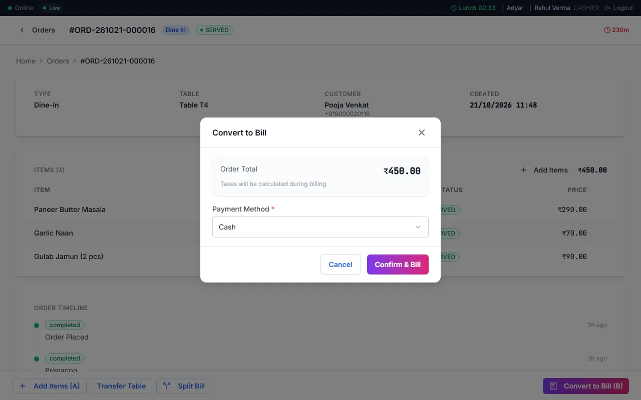 Turning a table order into a bill in the POS app