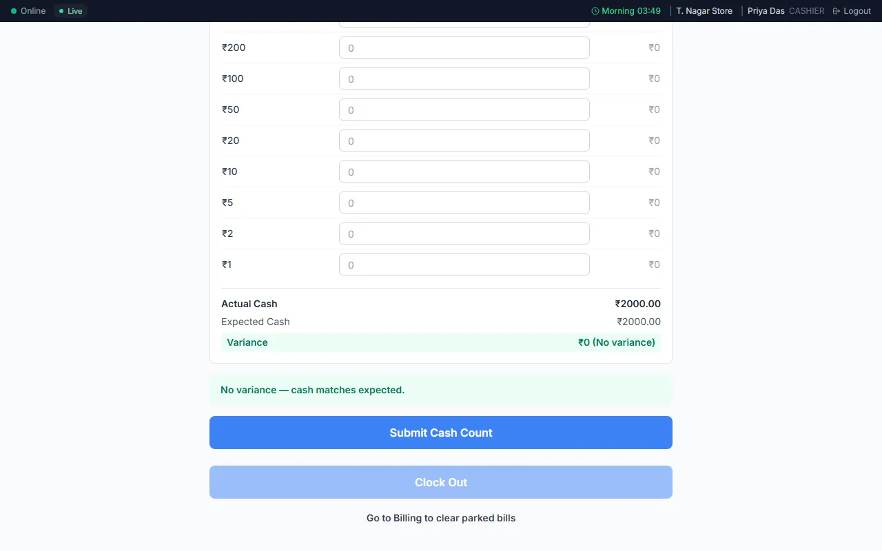 Closing a shift in the POS app, with the cash count