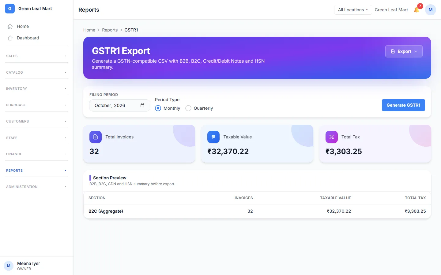The GSTR-1 page with the sales and the tax of the month