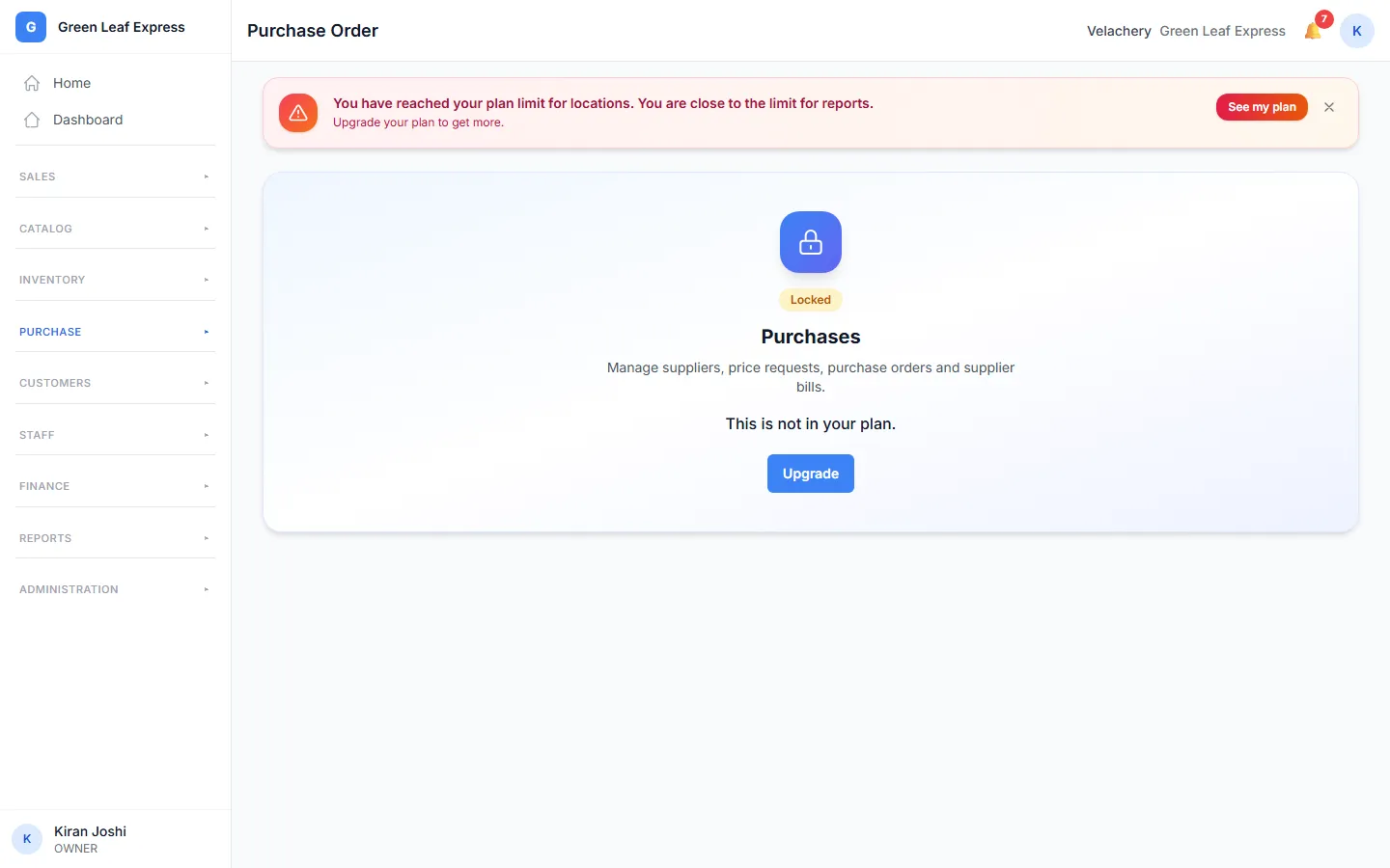 A locked page in the admin app. It says this is not in your plan.