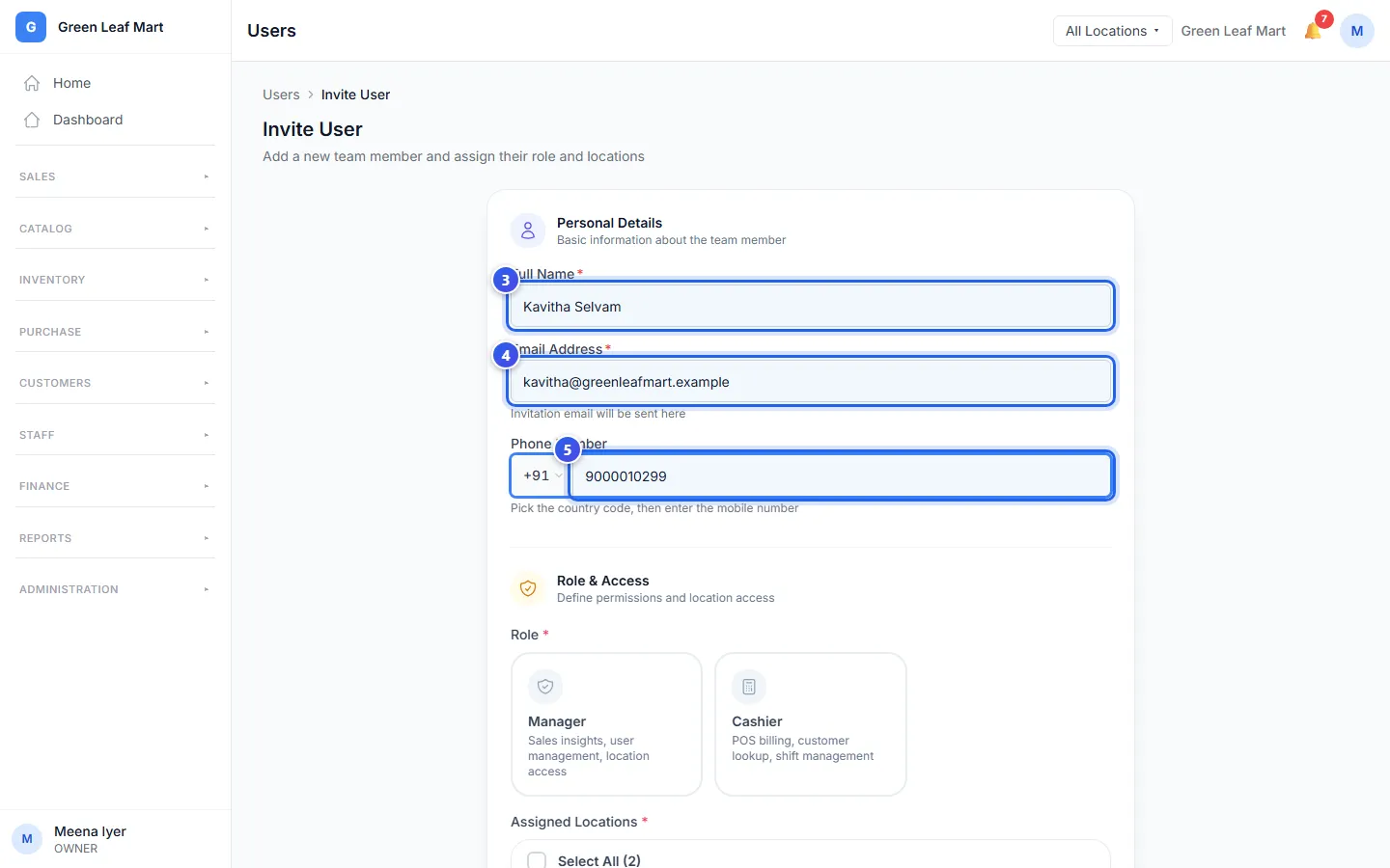 The top of the Invite User form: the name, the email and the phone number
