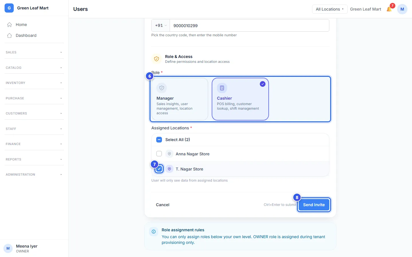 The end of the form: the role, the location and the Send Invite button