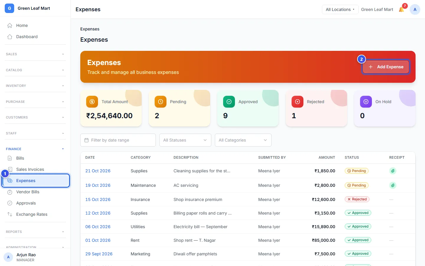 The Expenses page with the Add Expense button