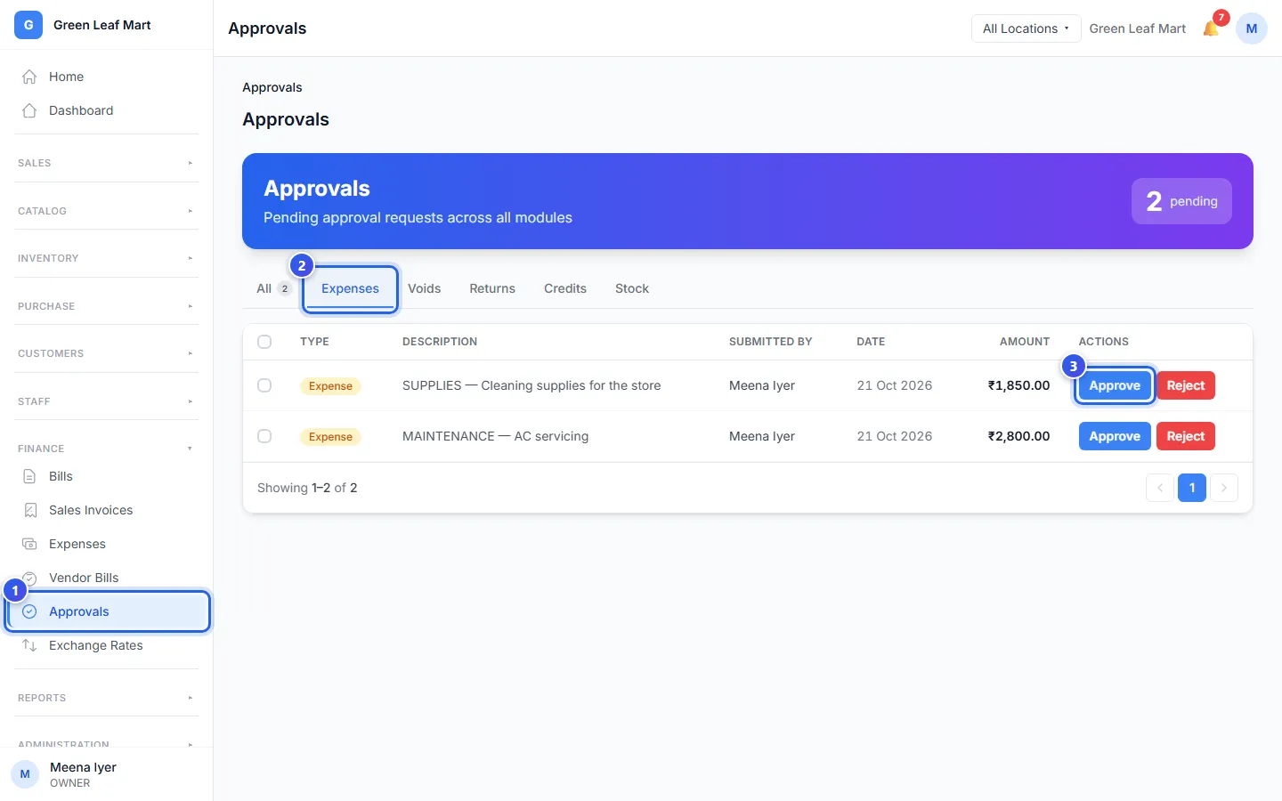 The Approvals page with two expenses to check