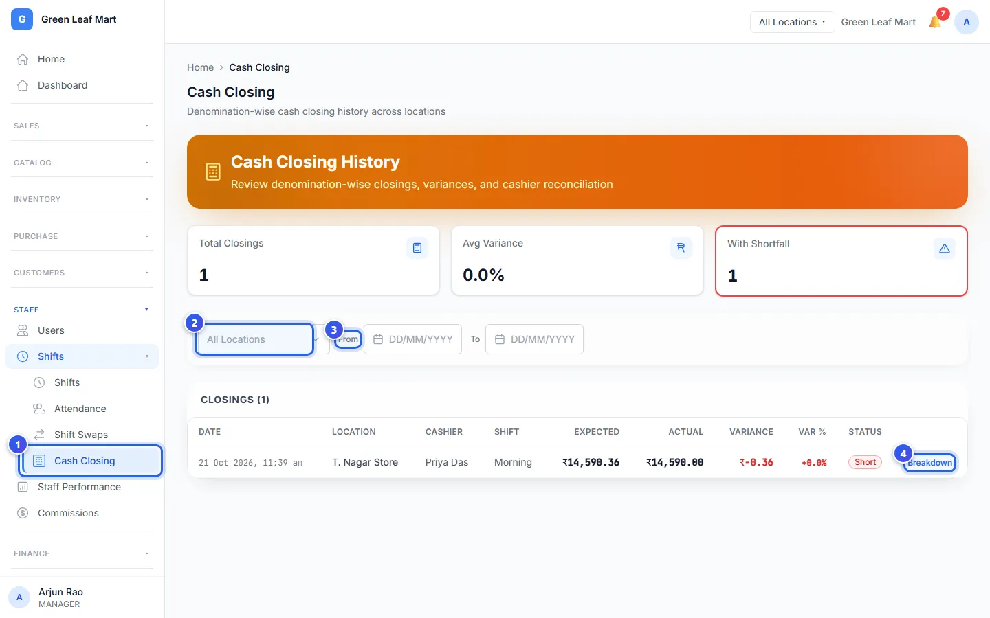 The Cash Closing page with one count that is short