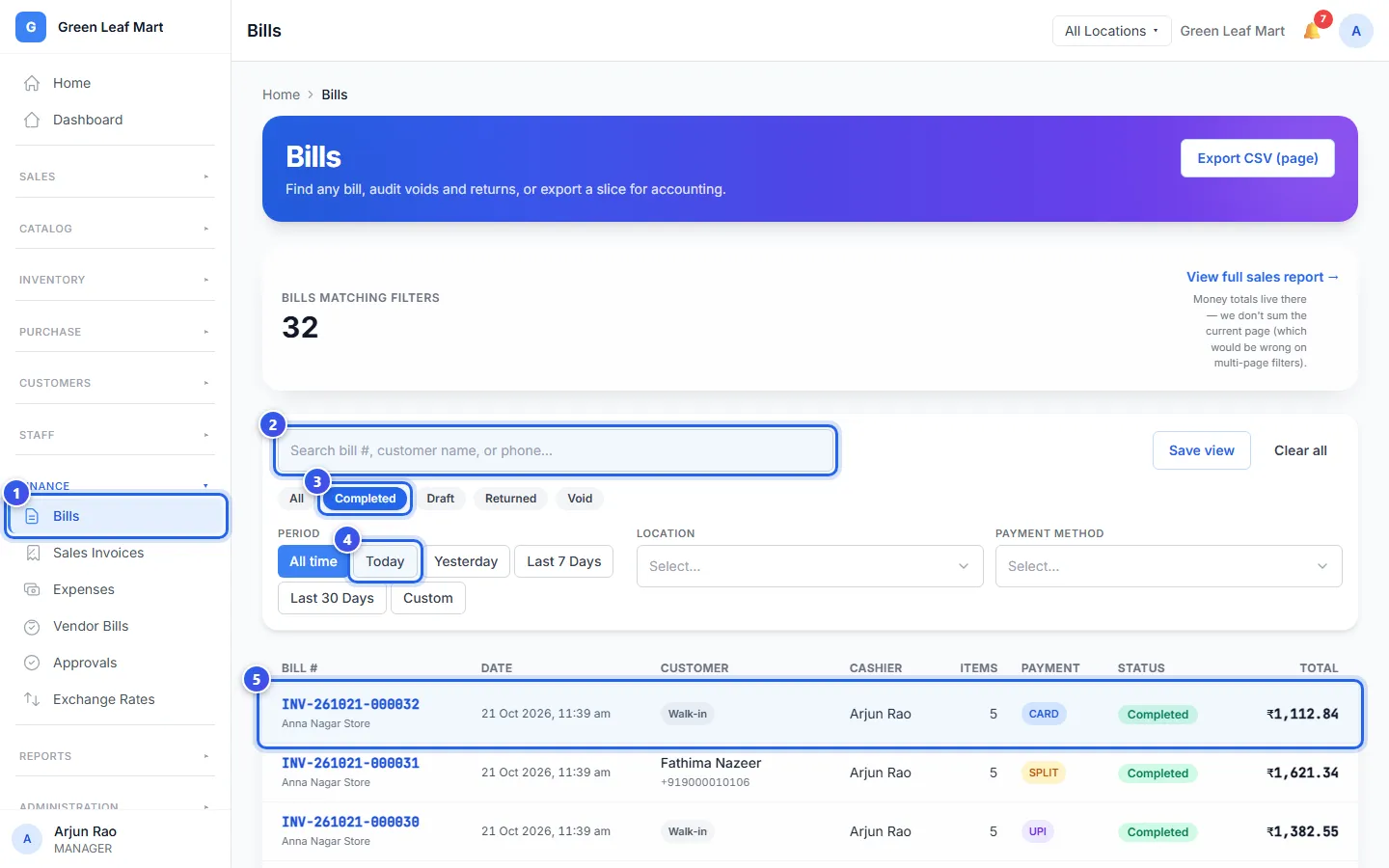 The Bills page with the search box, the status and the time choices
