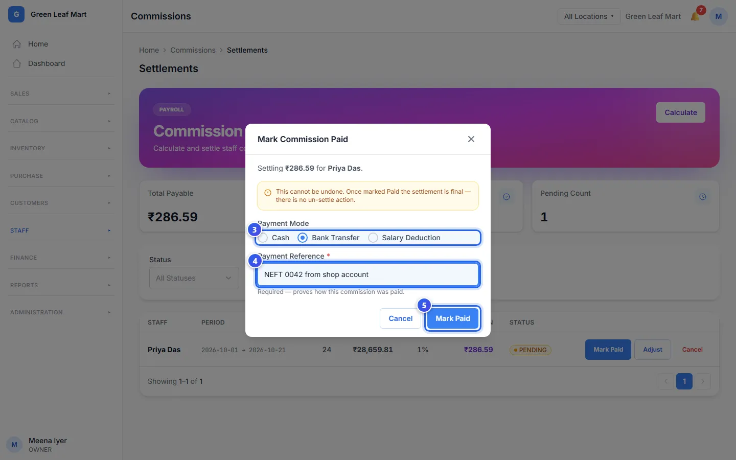 The Mark Commission Paid box, filled in for a bank transfer