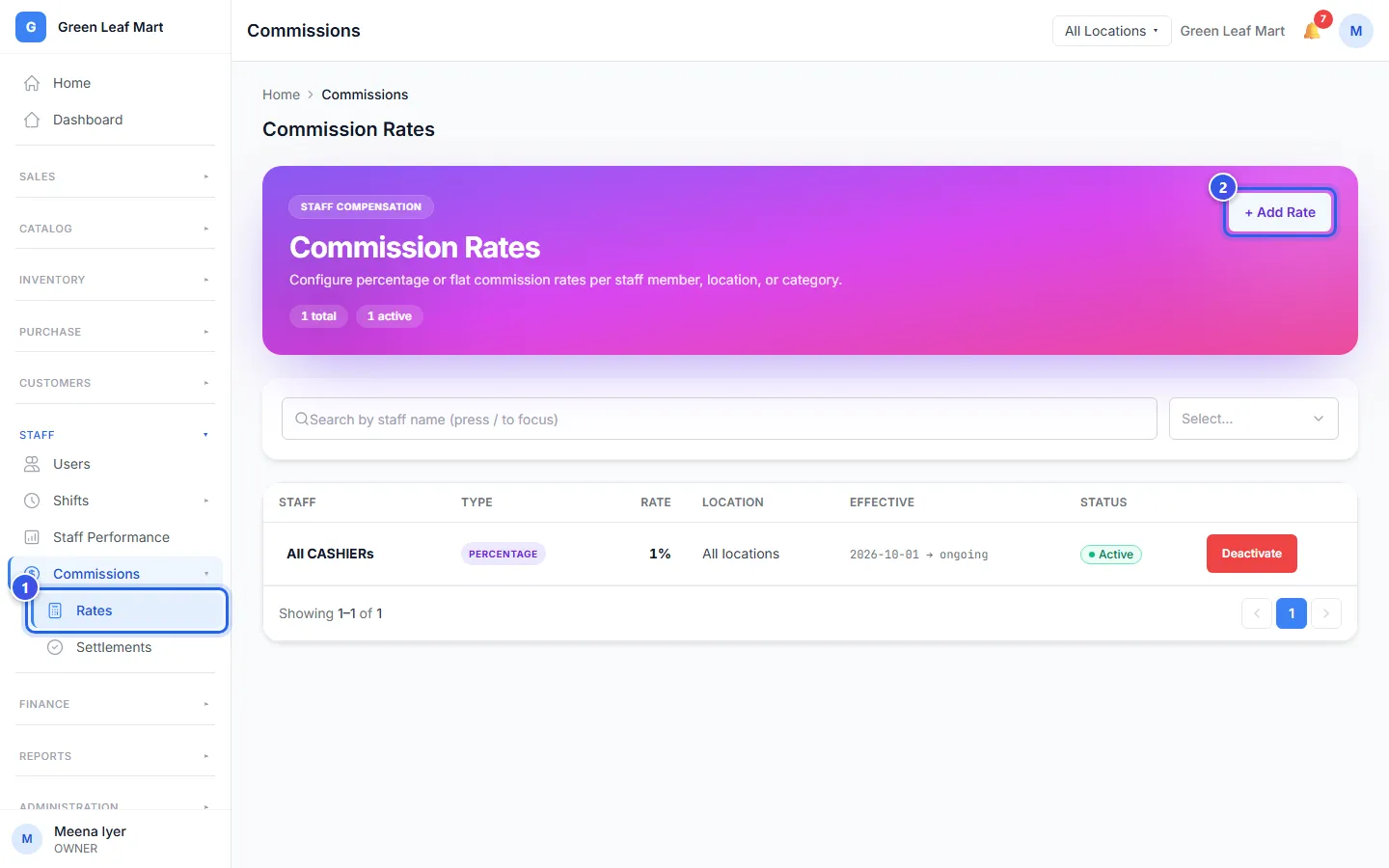 The Commission Rates page with the Add Rate button