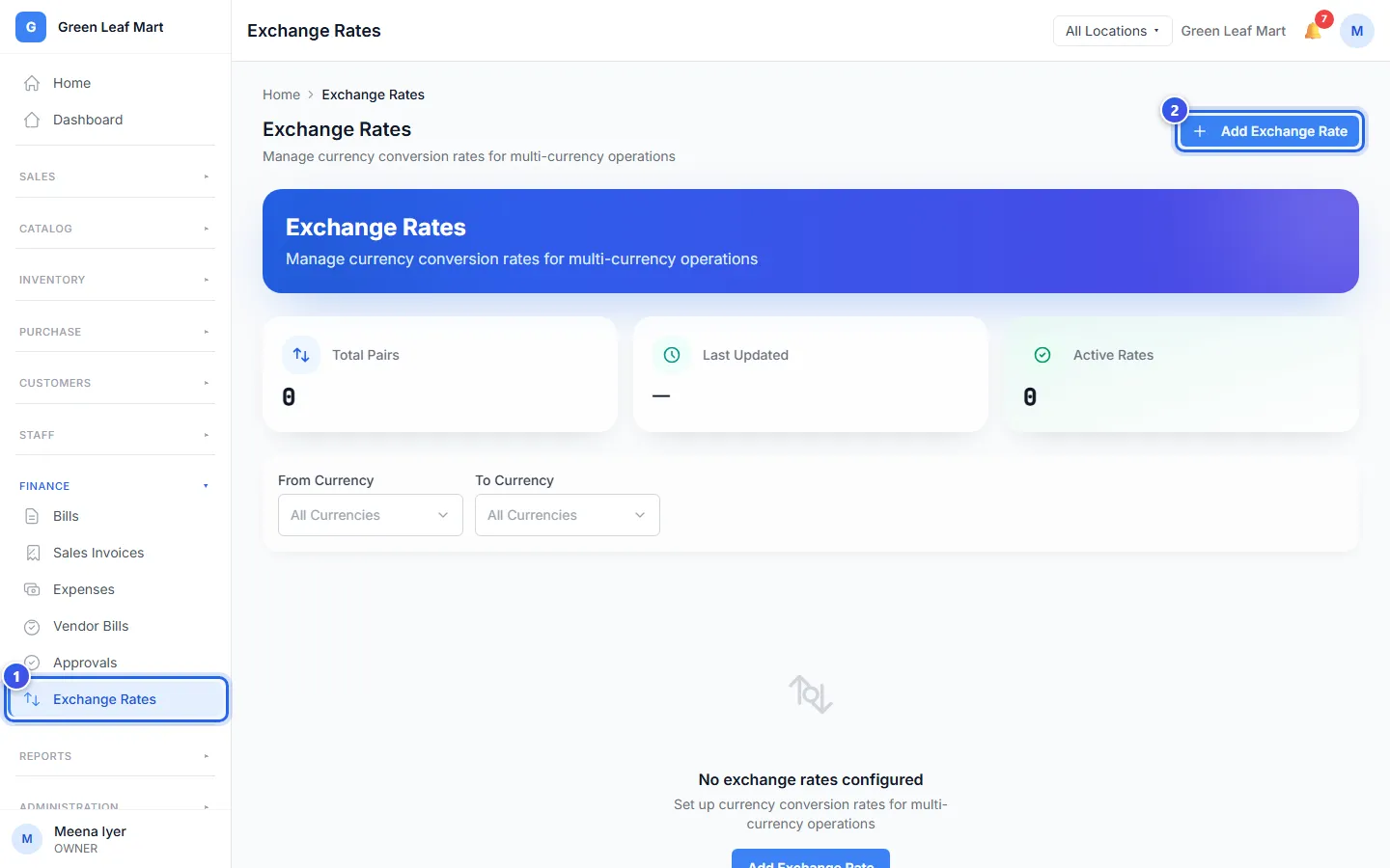 The Exchange Rates page with the Add Exchange Rate button