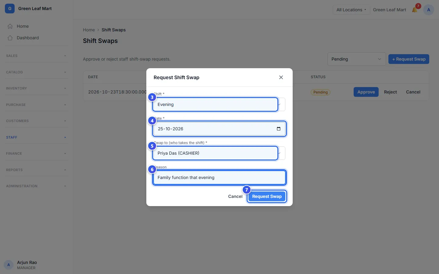 The Request Shift Swap box, filled in